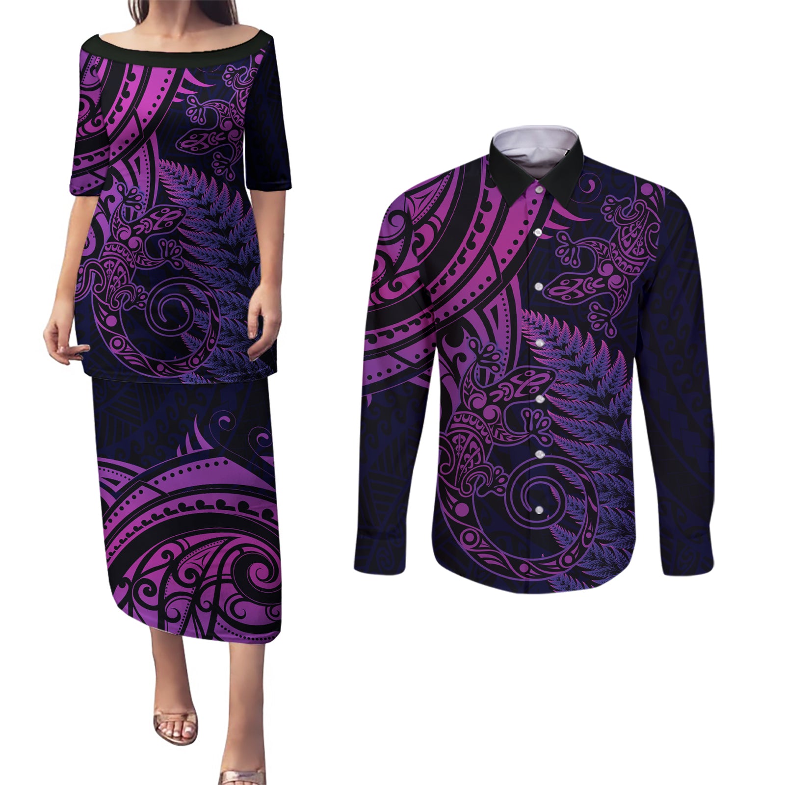 New Zealand Lizard Couples Matching Puletasi and Long Sleeve Button Shirt Silver Fern Aotearoa Maori Purple Version