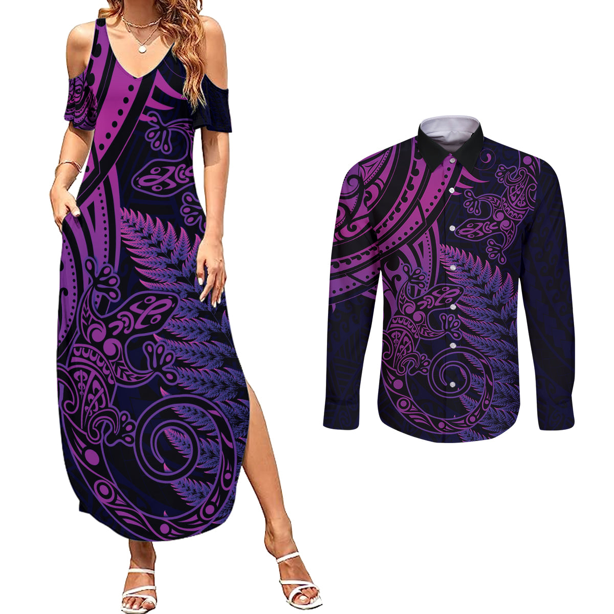 New Zealand Lizard Couples Matching Summer Maxi Dress and Long Sleeve Button Shirt Silver Fern Aotearoa Maori Purple Version