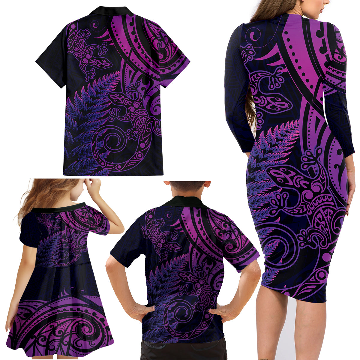New Zealand Lizard Family Matching Long Sleeve Bodycon Dress and Hawaiian Shirt Silver Fern Aotearoa Maori Purple Version LT14 - Polynesian Pride