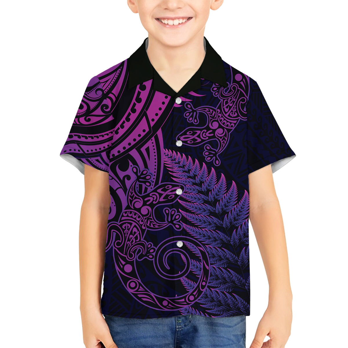 New Zealand Lizard Family Matching Long Sleeve Bodycon Dress and Hawaiian Shirt Silver Fern Aotearoa Maori Purple Version LT14 Son's Shirt Purple - Polynesian Pride