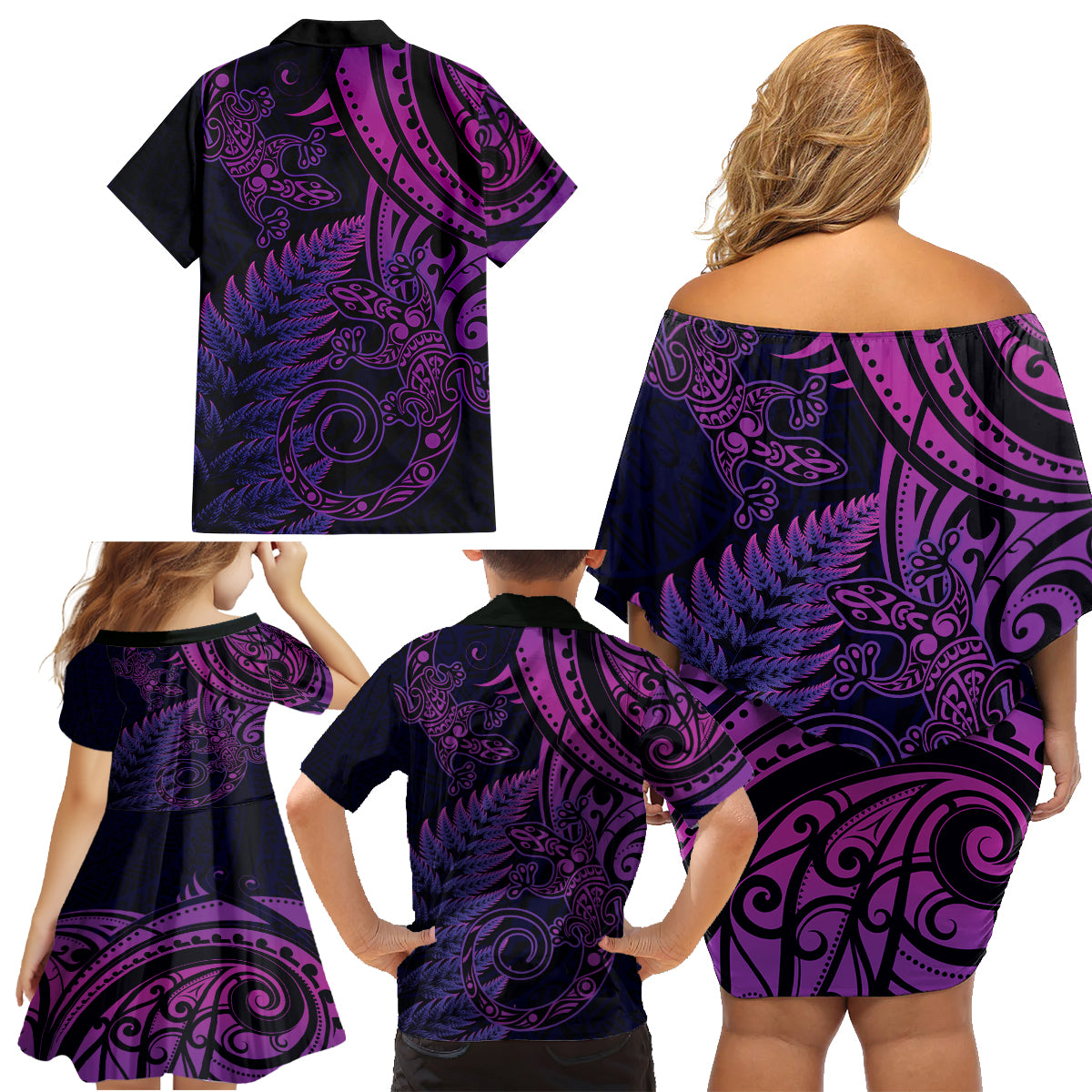 New Zealand Lizard Family Matching Off Shoulder Short Dress and Hawaiian Shirt Silver Fern Aotearoa Maori Purple Version LT14 - Polynesian Pride