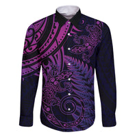 New Zealand Lizard Family Matching Off Shoulder Short Dress and Hawaiian Shirt Silver Fern Aotearoa Maori Purple Version LT14 Dad's Shirt - Long Sleeve Purple - Polynesian Pride