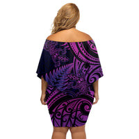 New Zealand Lizard Family Matching Off Shoulder Short Dress and Hawaiian Shirt Silver Fern Aotearoa Maori Purple Version LT14 - Polynesian Pride