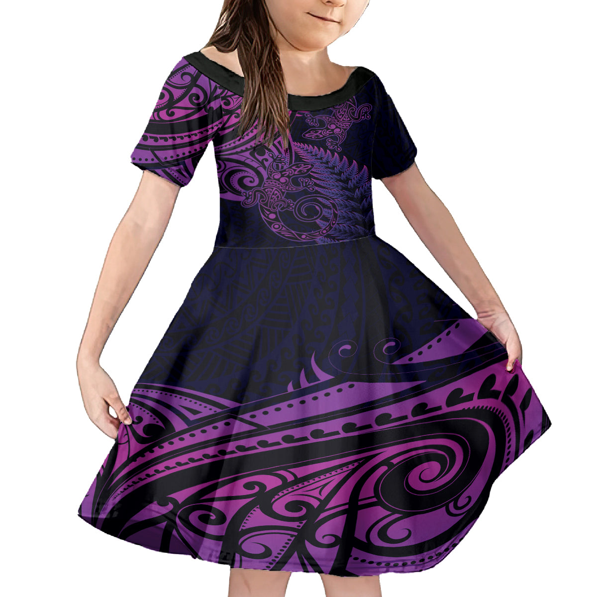 New Zealand Lizard Family Matching Tank Maxi Dress and Hawaiian Shirt Silver Fern Aotearoa Maori Purple Version LT14 Daughter's Dress Purple - Polynesian Pride