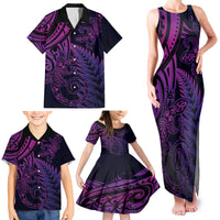 New Zealand Lizard Family Matching Tank Maxi Dress and Hawaiian Shirt Silver Fern Aotearoa Maori Purple Version LT14 - Polynesian Pride