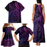 New Zealand Lizard Family Matching Tank Maxi Dress and Hawaiian Shirt Silver Fern Aotearoa Maori Purple Version LT14 - Polynesian Pride