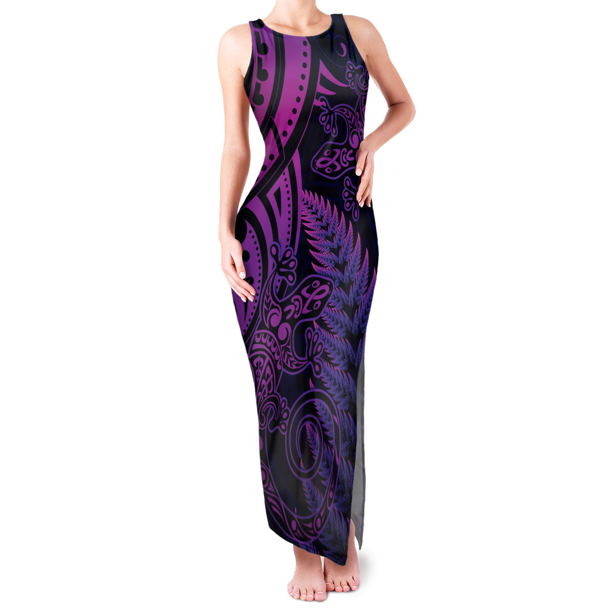 New Zealand Lizard Family Matching Tank Maxi Dress and Hawaiian Shirt Silver Fern Aotearoa Maori Purple Version LT14 Mom's Dress Purple - Polynesian Pride