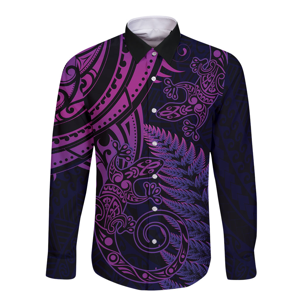 New Zealand Lizard Long Sleeve Button Shirt Silver Fern Aotearoa Maori Purple Version