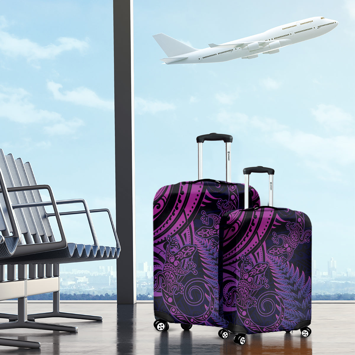 New Zealand Lizard Luggage Cover Silver Fern Aotearoa Maori Purple Version