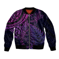 New Zealand Lizard Sleeve Zip Bomber Jacket Silver Fern Aotearoa Maori Purple Version