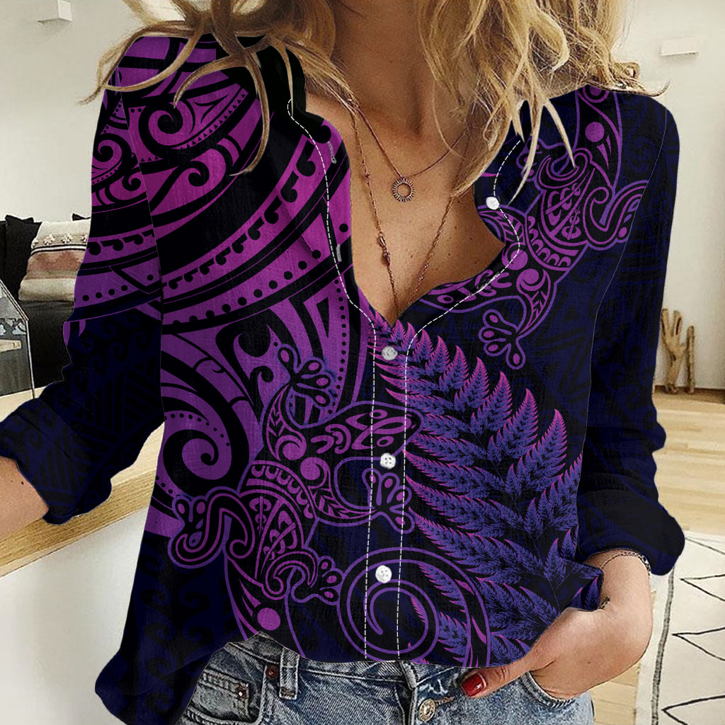 New Zealand Lizard Women Casual Shirt Silver Fern Aotearoa Maori Purple Version