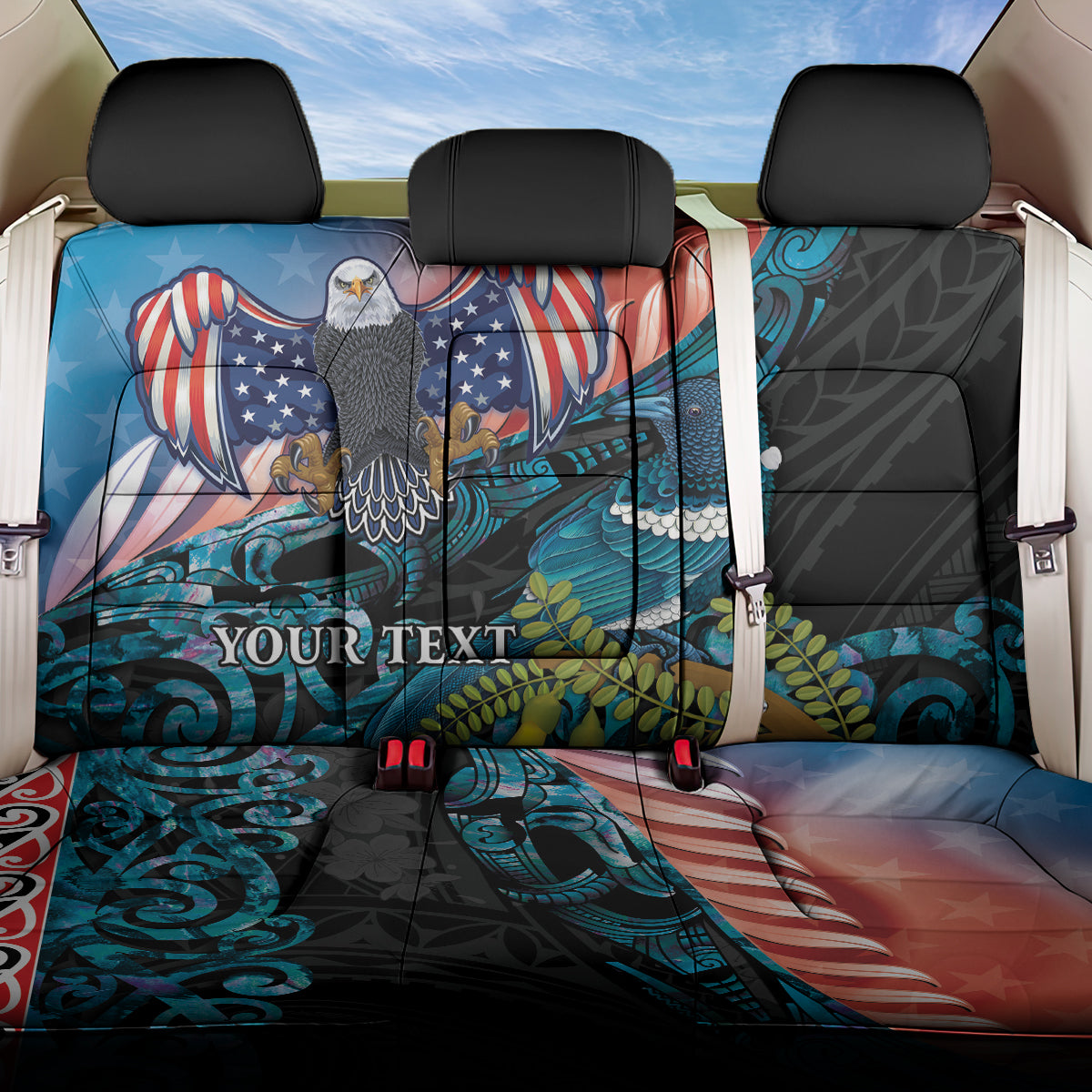 Personalised United States And New Zealand Back Car Seat Cover USA Eagle With Kowhai Aotearoa Tui Bird LT14