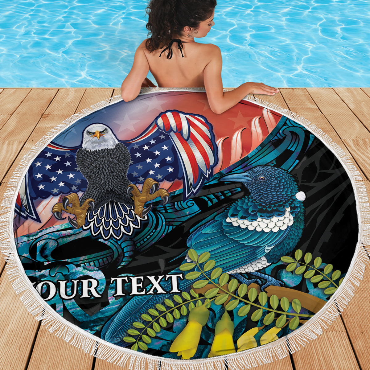 Personalised United States And New Zealand Beach Blanket USA Eagle With Kowhai Aotearoa Tui Bird