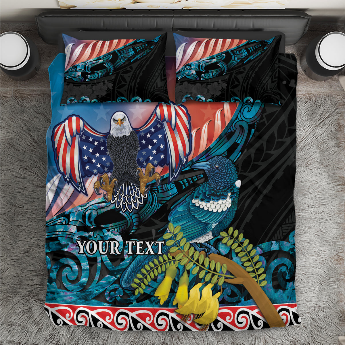 Personalised United States And New Zealand Bedding Set USA Eagle With Kowhai Aotearoa Tui Bird