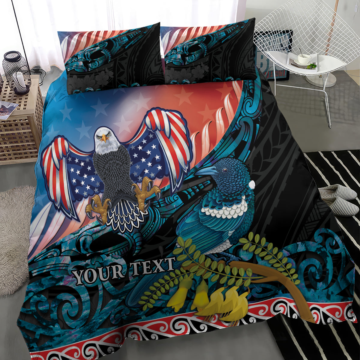 Personalised United States And New Zealand Bedding Set USA Eagle With Kowhai Aotearoa Tui Bird