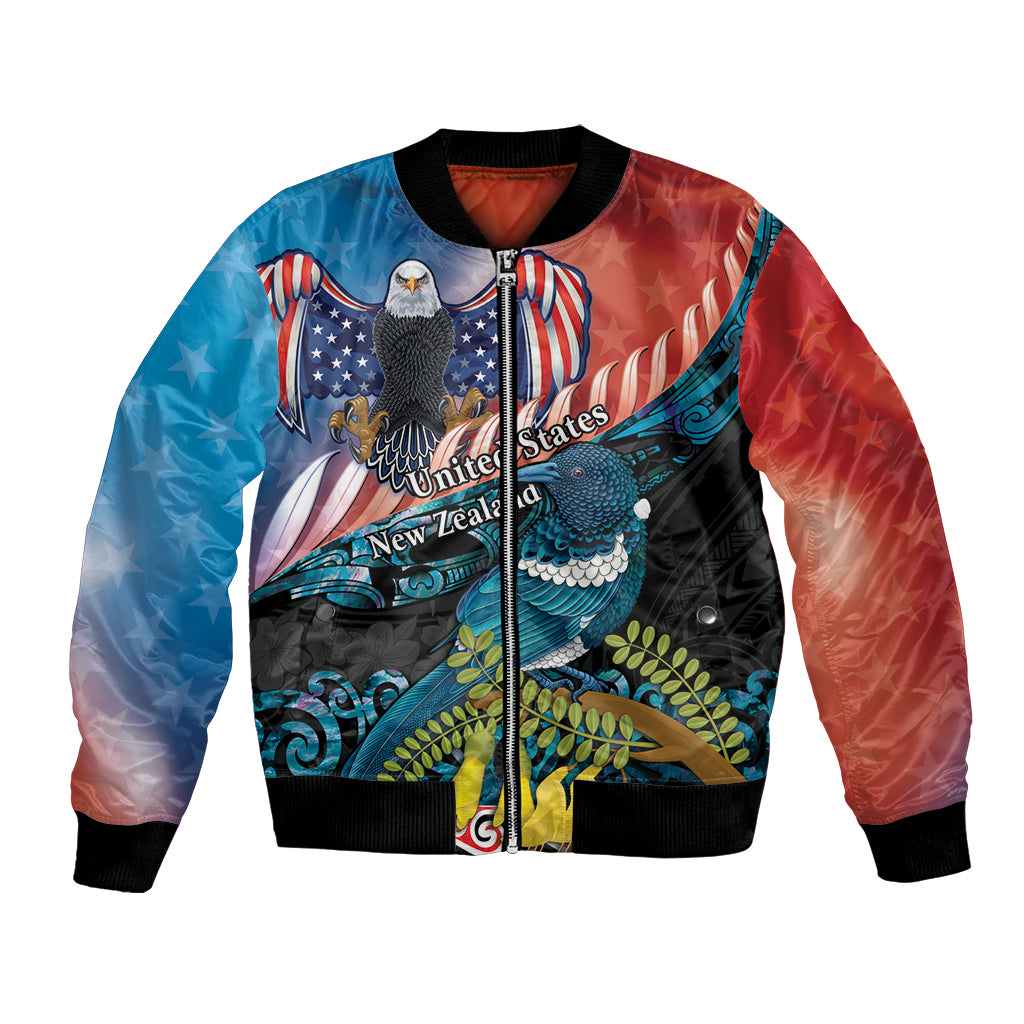 Personalised United States And New Zealand Bomber Jacket USA Eagle With Kowhai Aotearoa Tui Bird