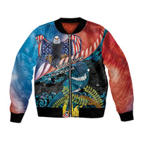 Personalised United States And New Zealand Bomber Jacket USA Eagle With Kowhai Aotearoa Tui Bird