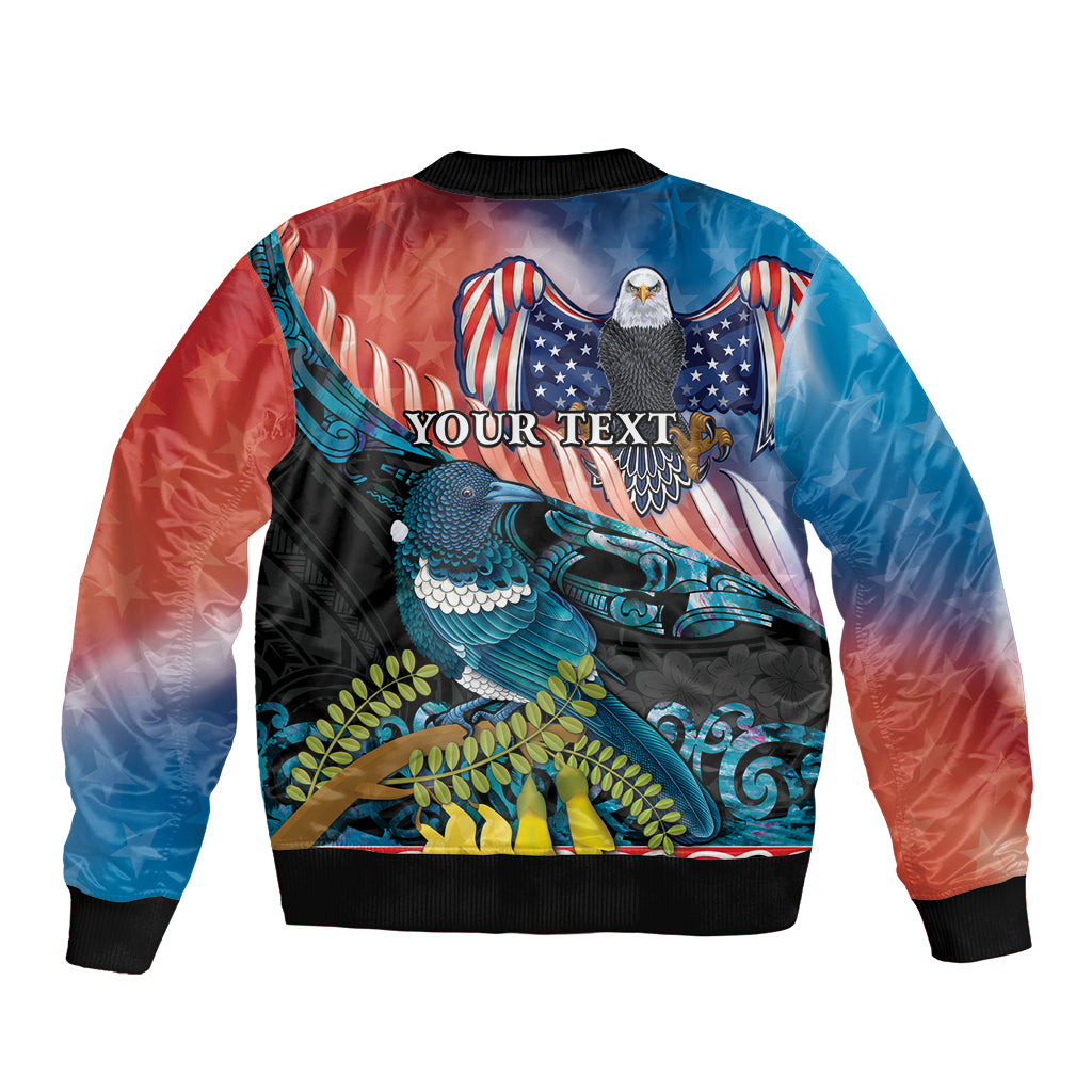 Personalised United States And New Zealand Bomber Jacket USA Eagle With Kowhai Aotearoa Tui Bird