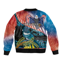 Personalised United States And New Zealand Bomber Jacket USA Eagle With Kowhai Aotearoa Tui Bird