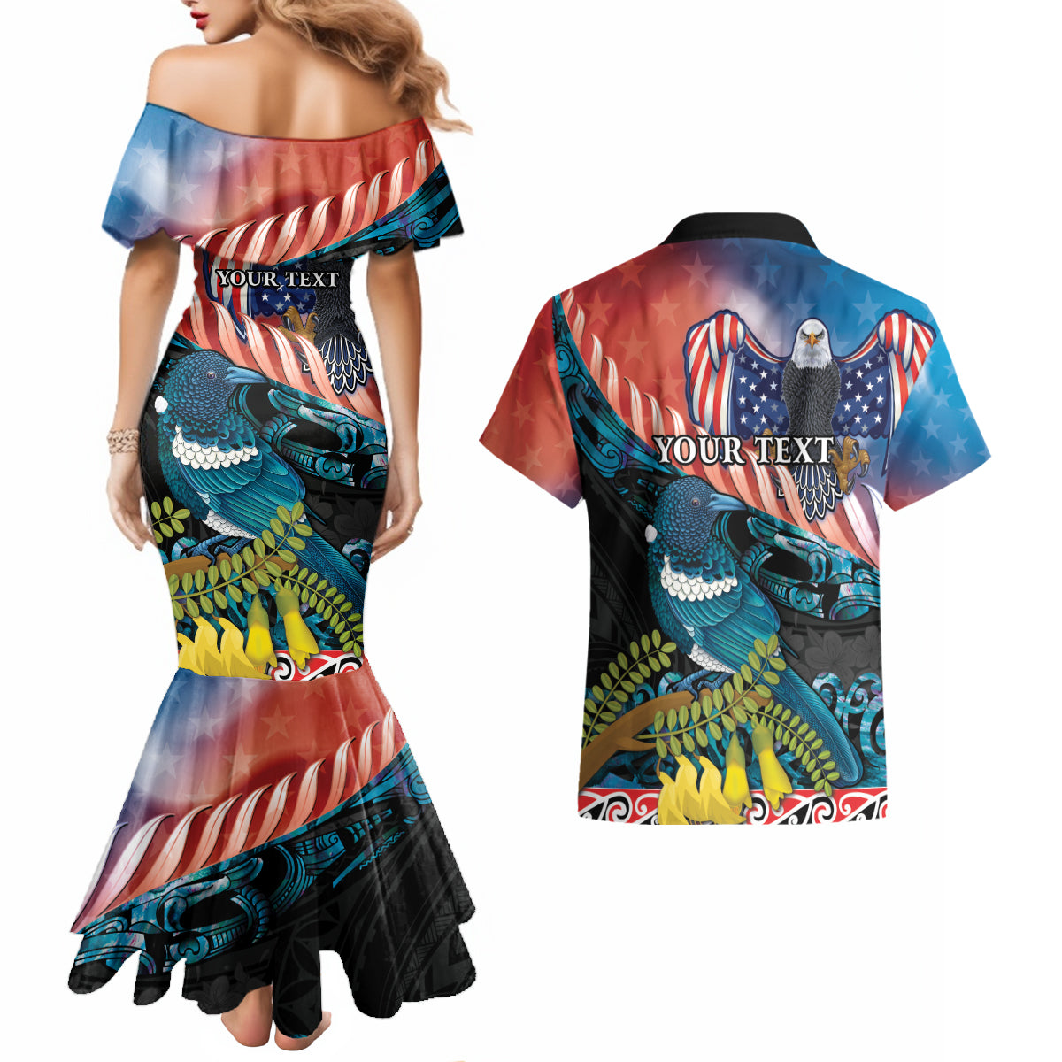 Personalised United States And New Zealand Couples Matching Mermaid Dress and Hawaiian Shirt USA Eagle With Kowhai Aotearoa Tui Bird