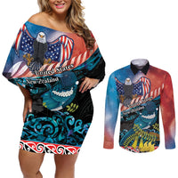 Personalised United States And New Zealand Couples Matching Off Shoulder Short Dress and Long Sleeve Button Shirt USA Eagle With Kowhai Aotearoa Tui Bird LT14 Blue - Polynesian Pride