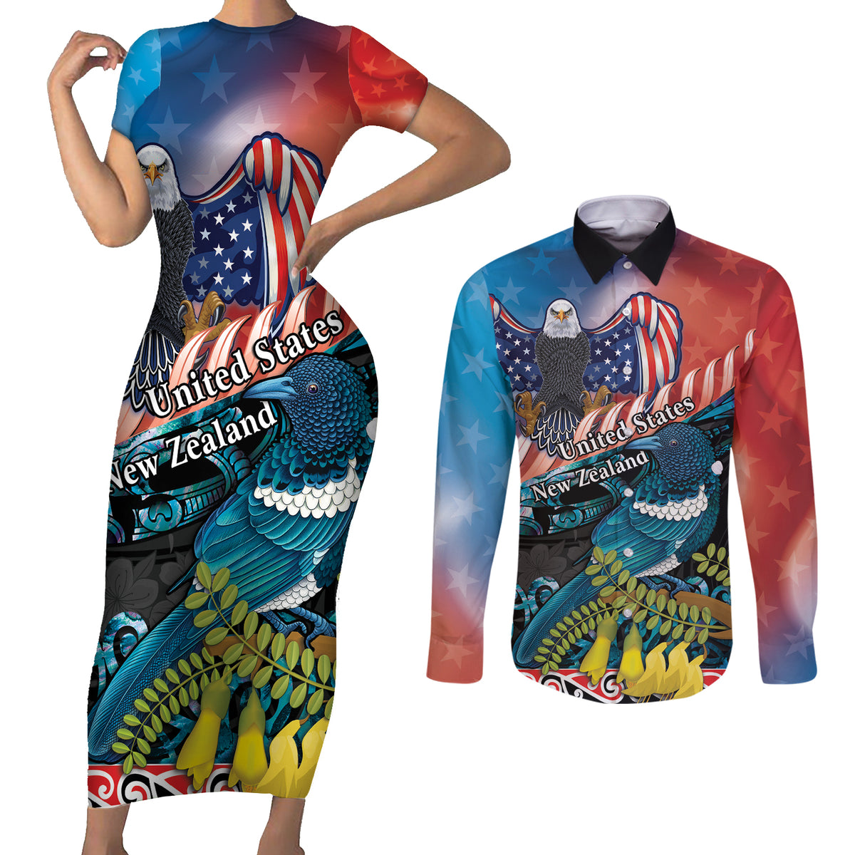 Personalised United States And New Zealand Couples Matching Short Sleeve Bodycon Dress and Long Sleeve Button Shirt USA Eagle With Kowhai Aotearoa Tui Bird LT14 Blue - Polynesian Pride