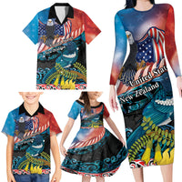 Personalised United States And New Zealand Family Matching Long Sleeve Bodycon Dress and Hawaiian Shirt USA Eagle With Kowhai Aotearoa Tui Bird LT14 - Polynesian Pride