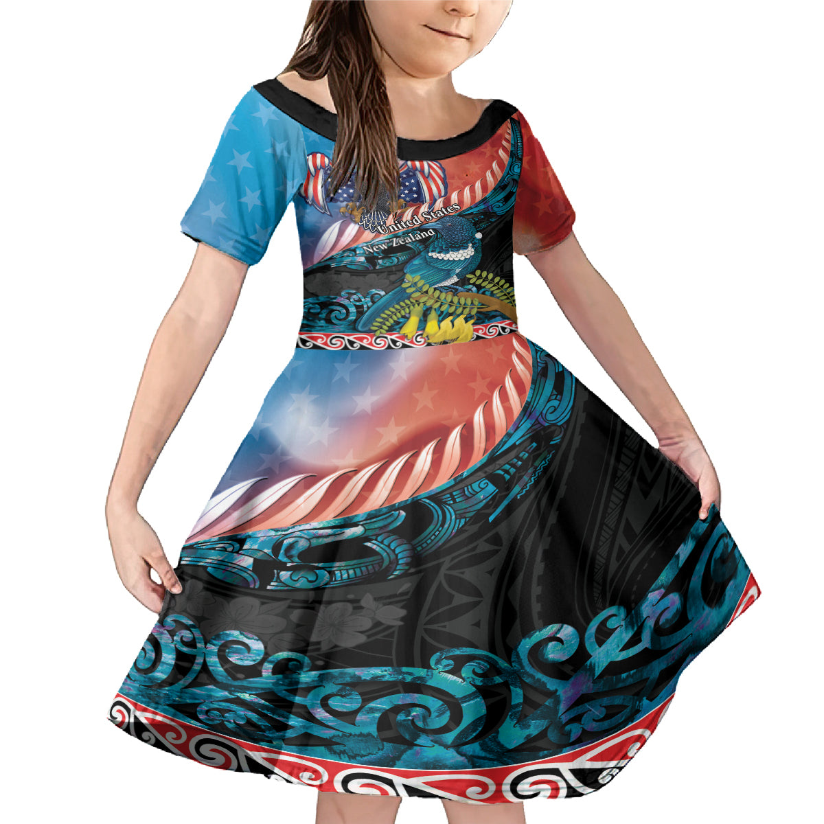 Personalised United States And New Zealand Family Matching Mermaid Dress and Hawaiian Shirt USA Eagle With Kowhai Aotearoa Tui Bird LT14 Daughter's Dress Blue - Polynesian Pride