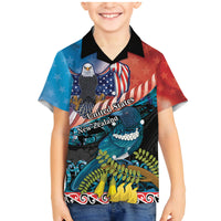 Personalised United States And New Zealand Family Matching Mermaid Dress and Hawaiian Shirt USA Eagle With Kowhai Aotearoa Tui Bird LT14 Son's Shirt Blue - Polynesian Pride