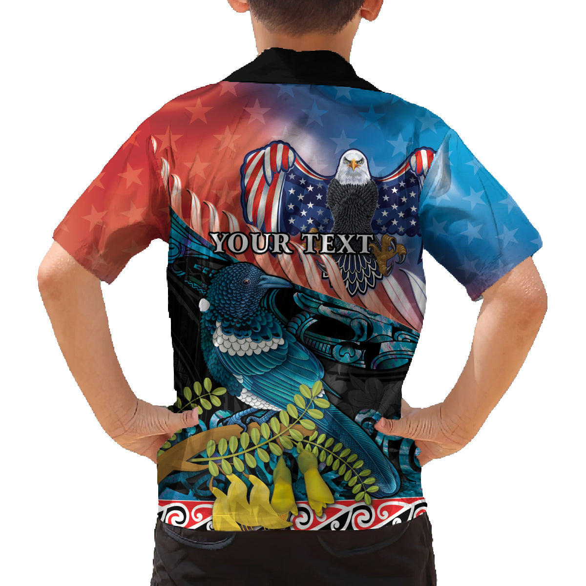 Personalised United States And New Zealand Family Matching Off The Shoulder Long Sleeve Dress and Hawaiian Shirt USA Eagle With Kowhai Aotearoa Tui Bird