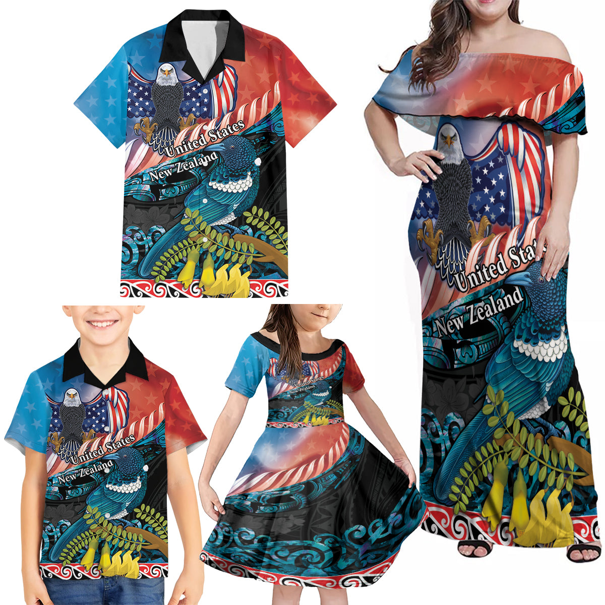 Personalised United States And New Zealand Family Matching Off Shoulder Maxi Dress and Hawaiian Shirt USA Eagle With Kowhai Aotearoa Tui Bird LT14 - Polynesian Pride