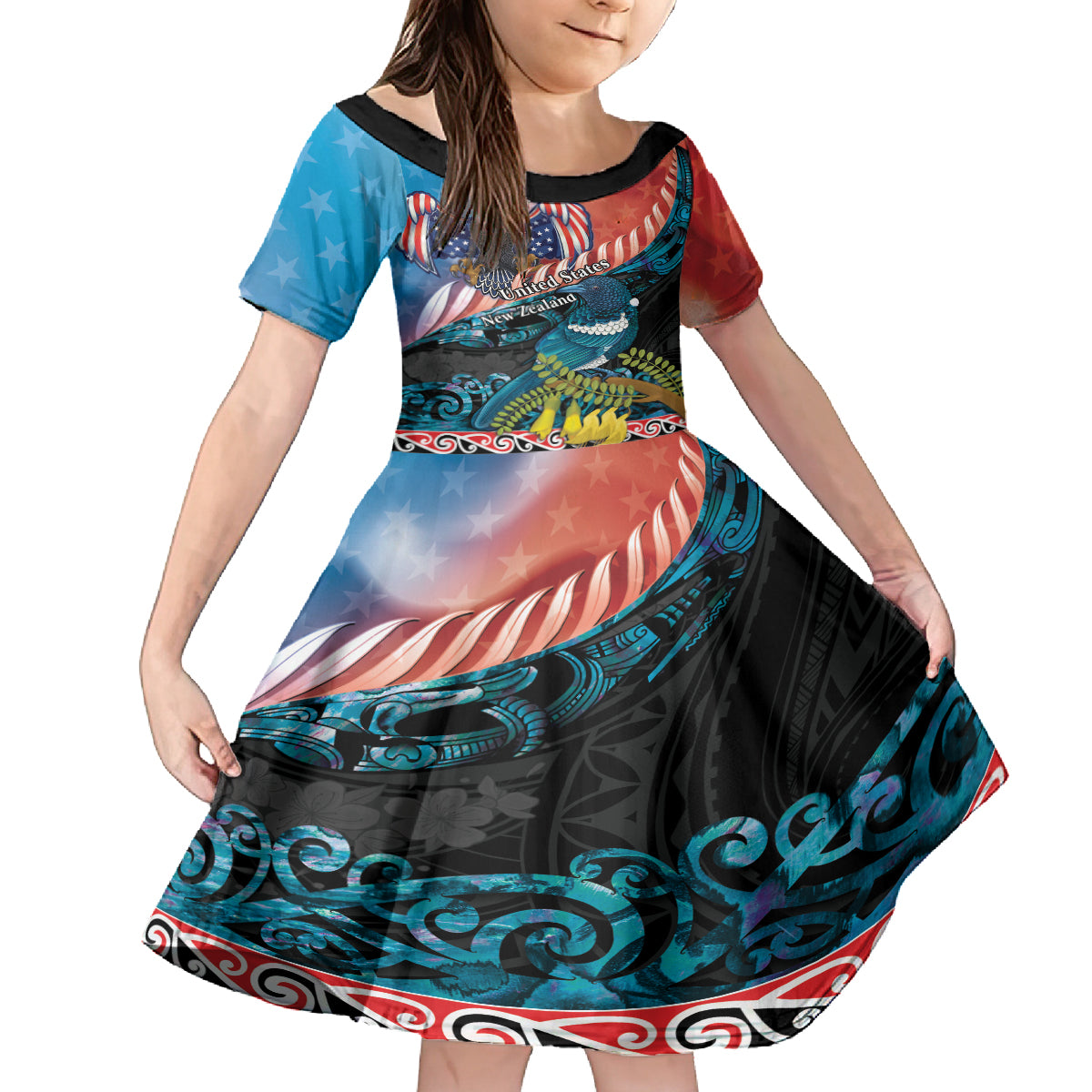 Personalised United States And New Zealand Family Matching Off Shoulder Short Dress and Hawaiian Shirt USA Eagle With Kowhai Aotearoa Tui Bird LT14 Daughter's Dress Blue - Polynesian Pride