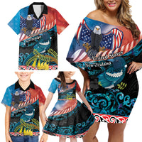 Personalised United States And New Zealand Family Matching Off Shoulder Short Dress and Hawaiian Shirt USA Eagle With Kowhai Aotearoa Tui Bird LT14 - Polynesian Pride