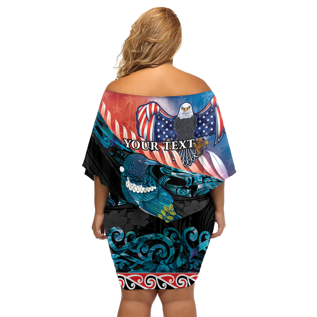 Personalised United States And New Zealand Family Matching Off Shoulder Short Dress and Hawaiian Shirt USA Eagle With Kowhai Aotearoa Tui Bird LT14 - Polynesian Pride