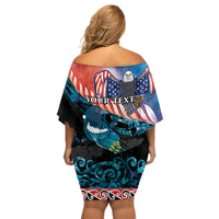 Personalised United States And New Zealand Family Matching Off Shoulder Short Dress and Hawaiian Shirt USA Eagle With Kowhai Aotearoa Tui Bird LT14 - Polynesian Pride