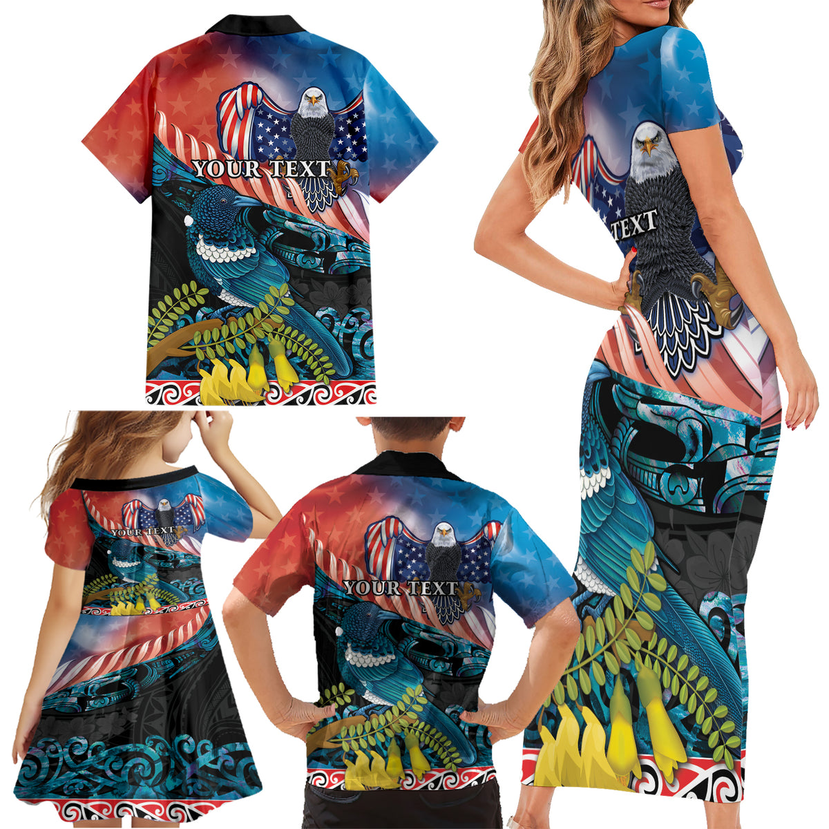 Personalised United States And New Zealand Family Matching Short Sleeve Bodycon Dress and Hawaiian Shirt USA Eagle With Kowhai Aotearoa Tui Bird LT14 - Polynesian Pride
