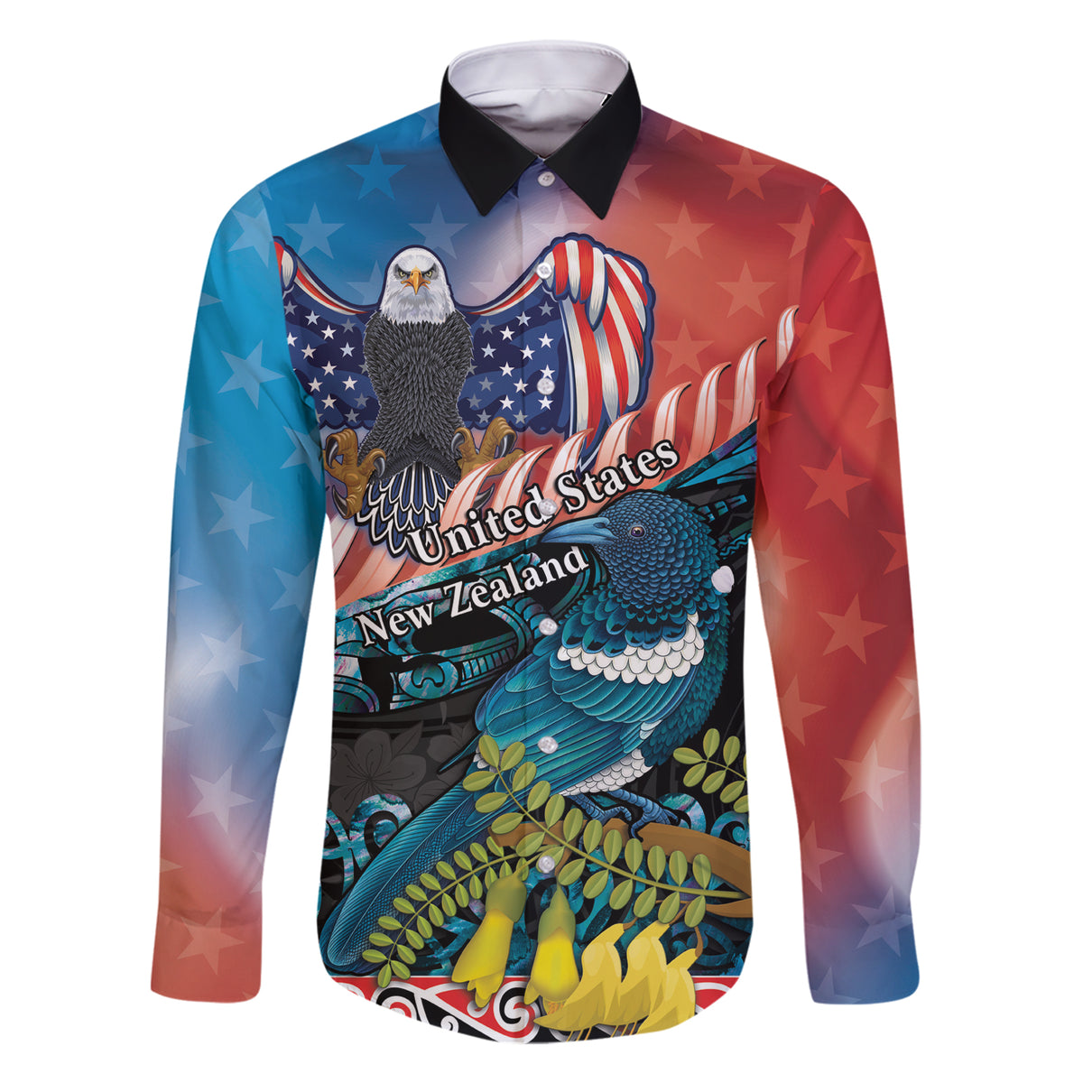 Personalised United States And New Zealand Family Matching Short Sleeve Bodycon Dress and Hawaiian Shirt USA Eagle With Kowhai Aotearoa Tui Bird LT14 Dad's Shirt - Long Sleeve Blue - Polynesian Pride