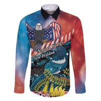 Personalised United States And New Zealand Family Matching Short Sleeve Bodycon Dress and Hawaiian Shirt USA Eagle With Kowhai Aotearoa Tui Bird LT14 Dad's Shirt - Long Sleeve Blue - Polynesian Pride
