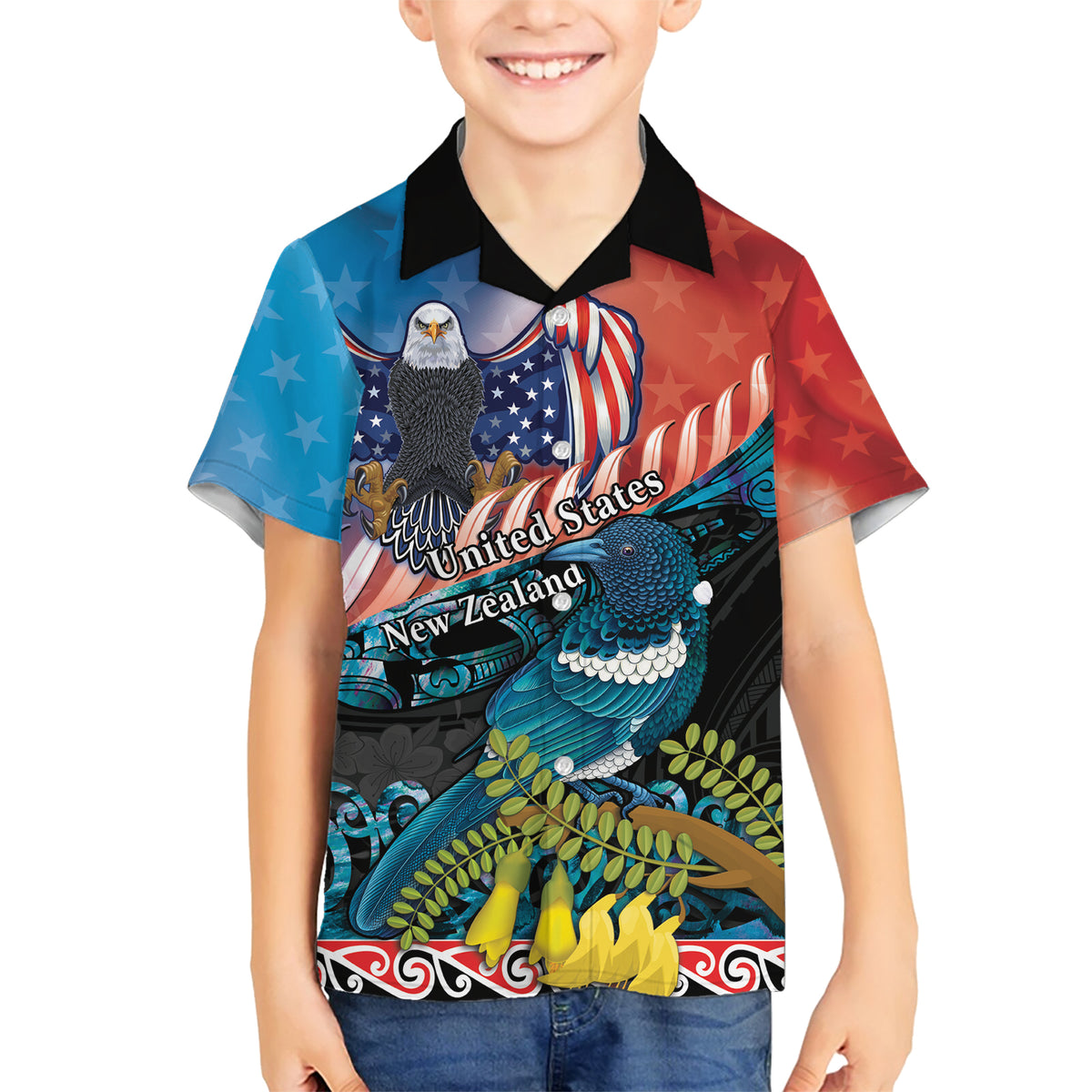 Personalised United States And New Zealand Family Matching Short Sleeve Bodycon Dress and Hawaiian Shirt USA Eagle With Kowhai Aotearoa Tui Bird LT14 Son's Shirt Blue - Polynesian Pride