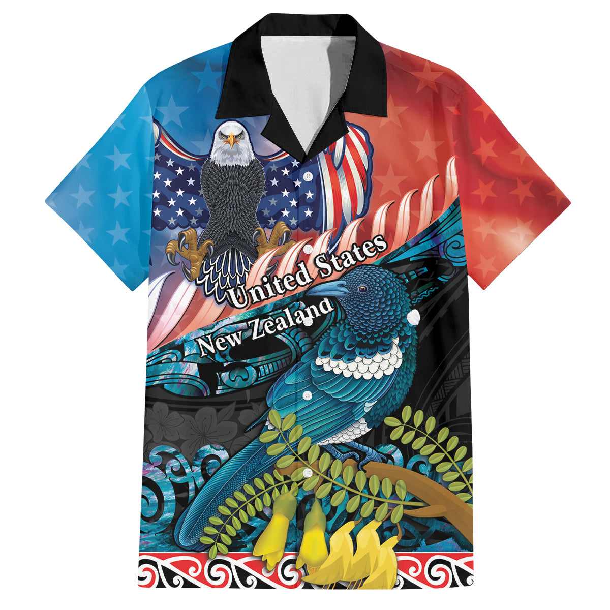 Personalised United States And New Zealand Family Matching Summer Maxi Dress and Hawaiian Shirt USA Eagle With Kowhai Aotearoa Tui Bird LT14 Dad's Shirt - Short Sleeve Blue - Polynesian Pride