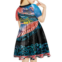 Personalised United States And New Zealand Kid Short Sleeve Dress USA Eagle With Kowhai Aotearoa Tui Bird