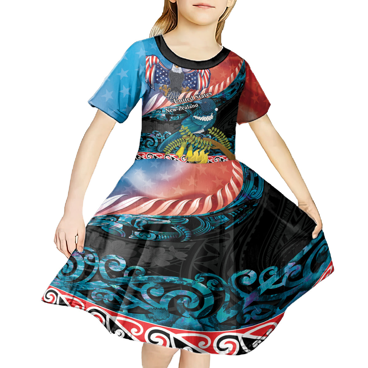 Personalised United States And New Zealand Kid Short Sleeve Dress USA Eagle With Kowhai Aotearoa Tui Bird