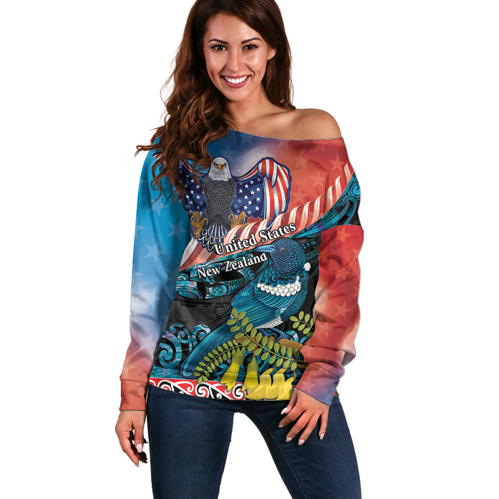Personalised United States And New Zealand Off Shoulder Sweater USA Eagle With Kowhai Aotearoa Tui Bird