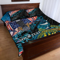 Personalised United States And New Zealand Quilt Bed Set USA Eagle With Kowhai Aotearoa Tui Bird