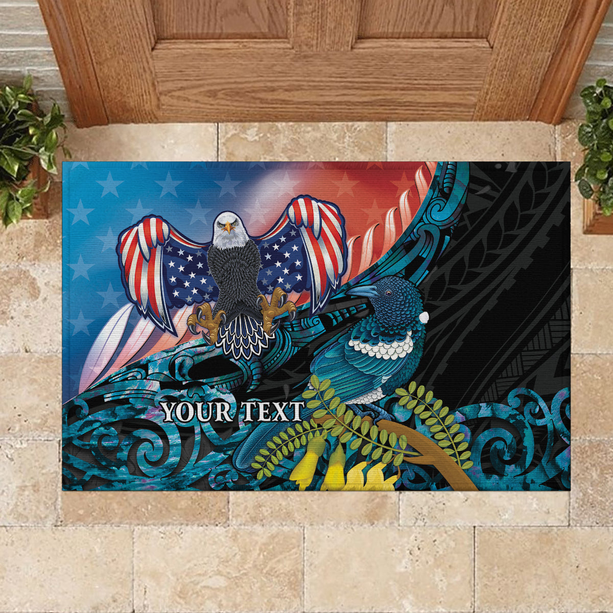 Personalised United States And New Zealand Rubber Doormat USA Eagle With Kowhai Aotearoa Tui Bird LT14 - Polynesian Pride