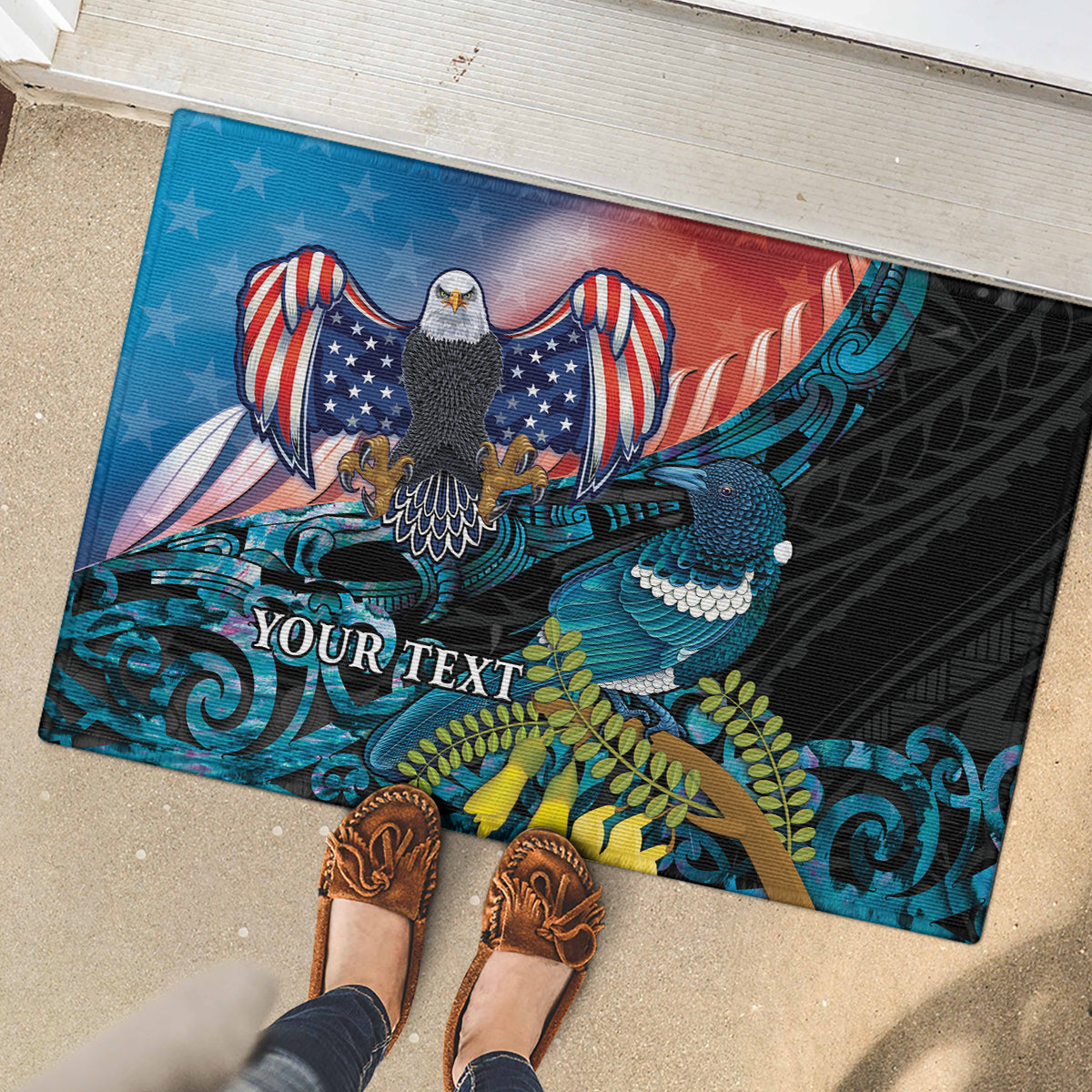 Personalised United States And New Zealand Rubber Doormat USA Eagle With Kowhai Aotearoa Tui Bird LT14 - Polynesian Pride