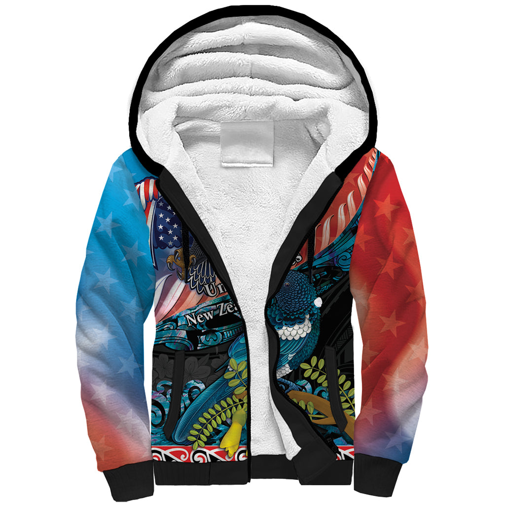 Personalised United States And New Zealand Sherpa Hoodie USA Eagle With Kowhai Aotearoa Tui Bird