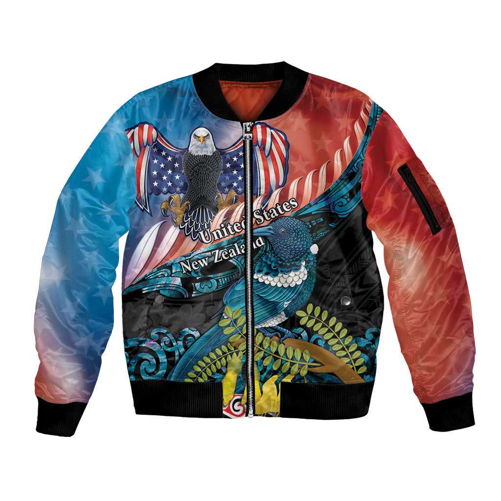 Personalised United States And New Zealand Sleeve Zip Bomber Jacket USA Eagle With Kowhai Aotearoa Tui Bird