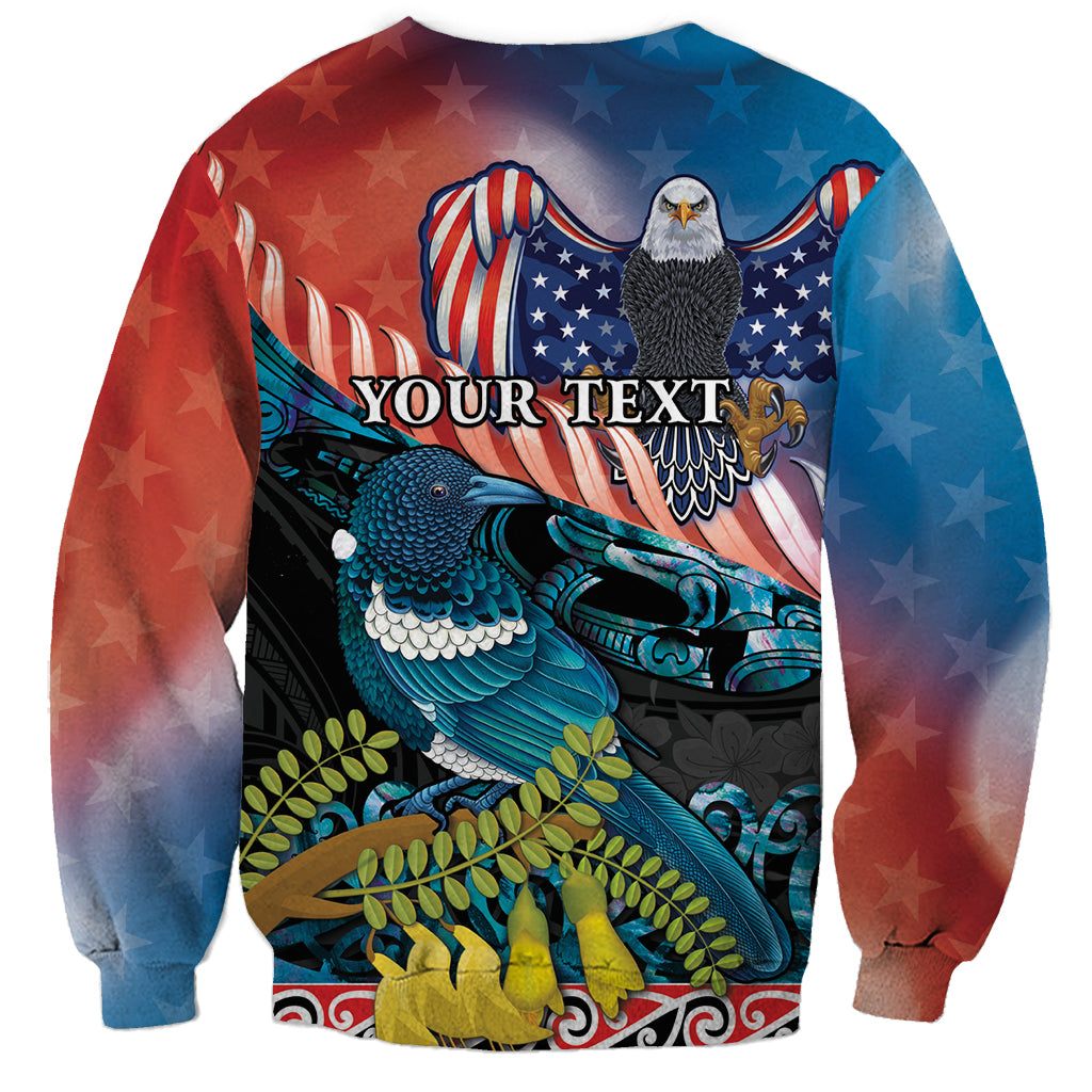 Personalised United States And New Zealand Sweatshirt USA Eagle With Kowhai Aotearoa Tui Bird LT14 - Polynesian Pride