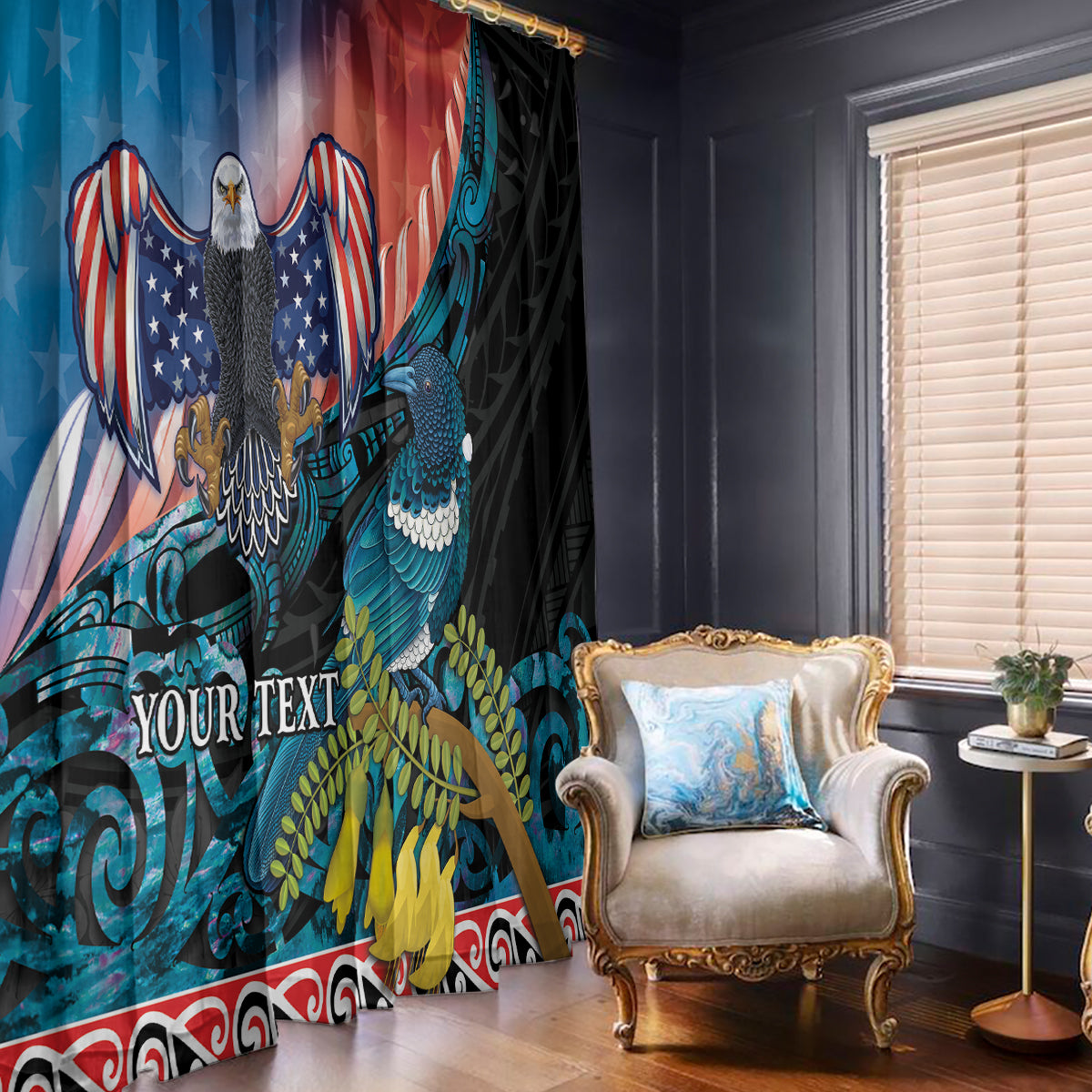 Personalised United States And New Zealand Window Curtain USA Eagle With Kowhai Aotearoa Tui Bird LT14 - Polynesian Pride